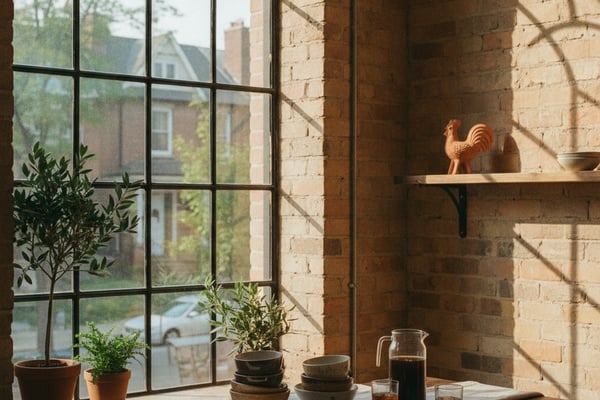 Brick kitchen with large arched window, potted plants on windowsill, wooden table with dishes and pitcher, rooster figurine on shelf.
